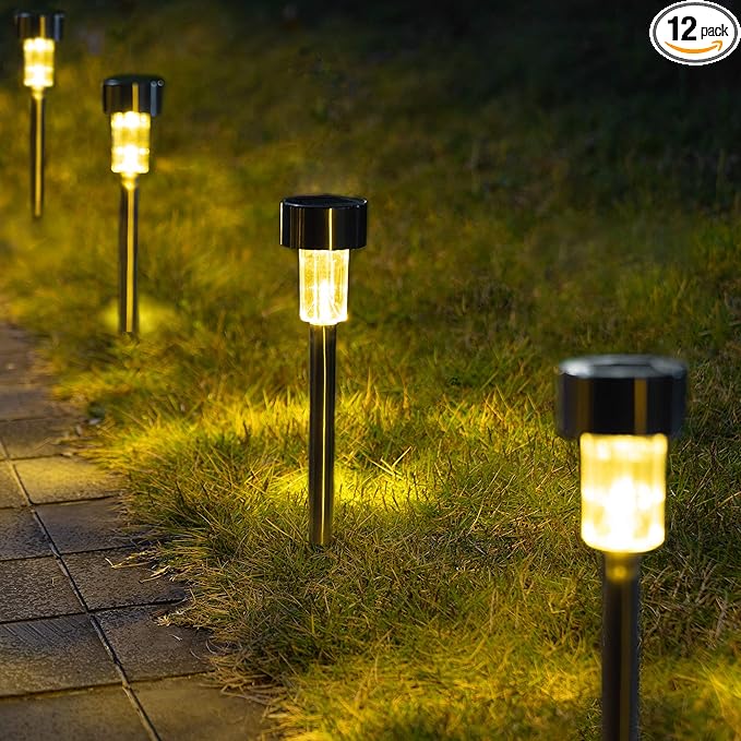 GIGALUMI Solar Pathway Lights 12 Pack, Stainless Steel IP44 Waterproof Auto On/Off Outdoor LED Solar Landscape Lights for Garden, Yard, Patio, Path and Walkway. (Warm White)