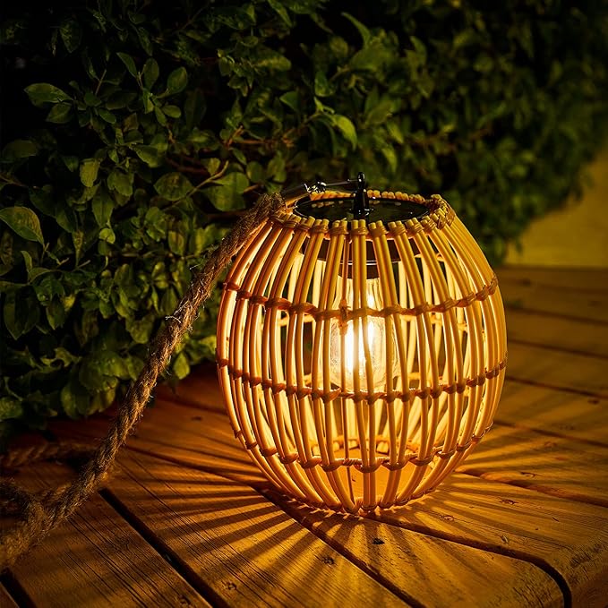 Hanging Solar Lantern Outdoor Waterproof, Large Solar Rattan Lantern Outdoor with Twine Handle, Bright Solar Outdoor Lights with Edison Bulb for Garden Patio Yard Decoration