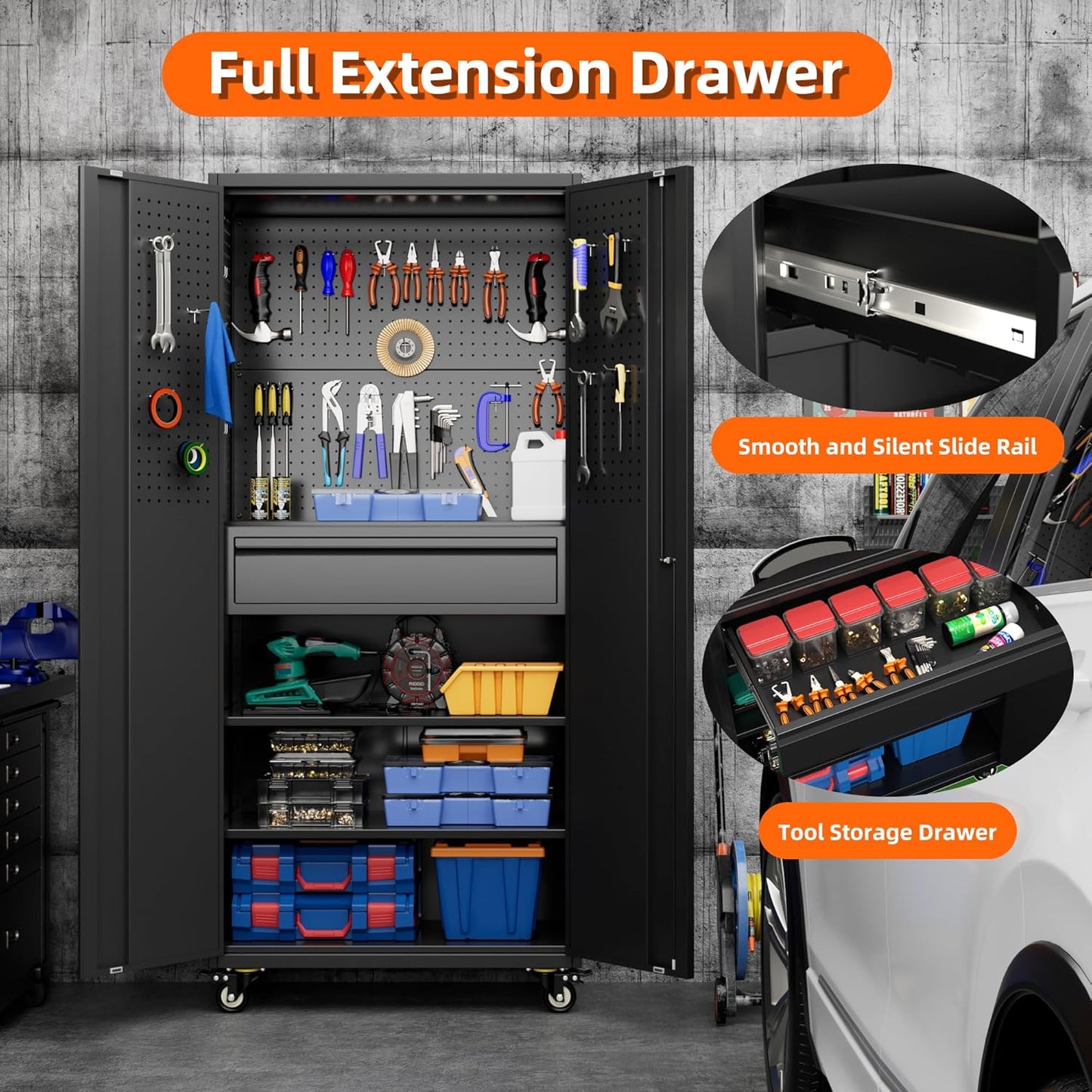 Aobabo Metal Storage Cabinet with Wheels and Adjustable Pegboard, Steel Rolling Tool Cabinet with 16 Hooks and 1 Interior Drawers for Garage, Home, Office, Kitchen, Black, Assembly Required