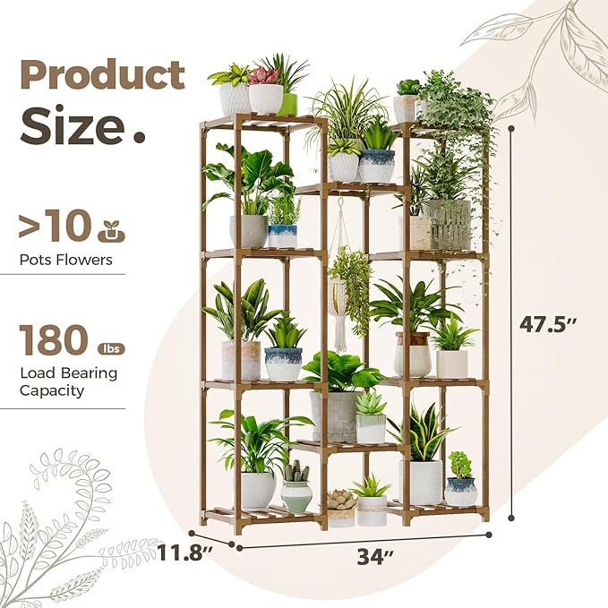 Bamworld Plant Stand Indoor Outdoor Tall Plant Shelf for Multiple Plants Pots Wood Flower Stand Large Flower Holder for Living Room, Patio, Balcony, Garden Decor, Brown