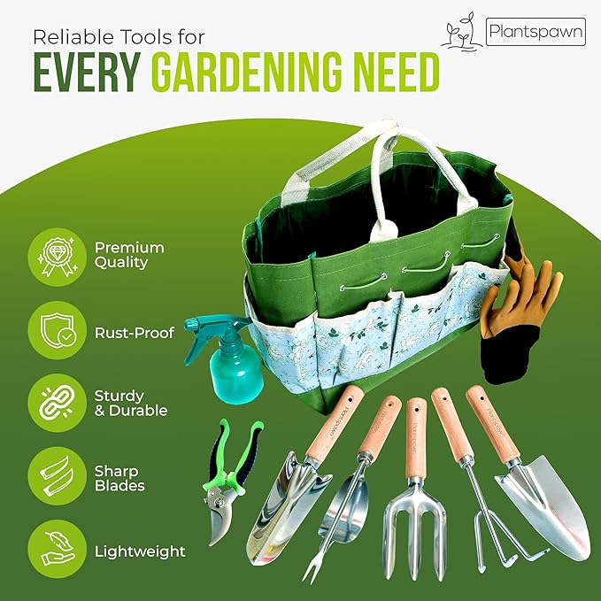 24-Piece Gardening Tools Set with Bag – Heavy-Duty Rust-Proof Hand Tools with Wooden Handles Including 15 Plant Tags – Ideal Gift for Women, Men, Mom, Dad & Gardeners