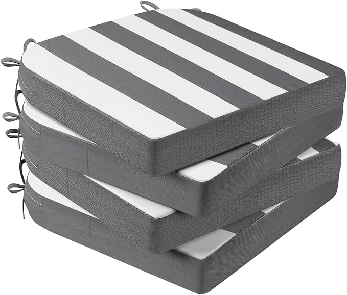 AAAAAcessories Outdoor Seat Cushions for Chairs, Waterproof, Fade-Resistant Patio Furniture Replacement Cushions, 17" x 16" x 2", Set of 4, Gray Cabana Stripe