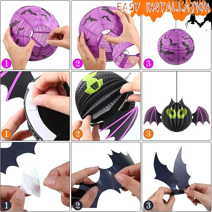 48 Pieces Halloween Decorations Paper Lanterns Pumpkin Skeleton Paper Lanterns 3D Bat Wall Stickers Spider Wall Hanging for Halloween Party Garden Bedroom Cobwebs Indoor Outdoor, 12 Inch and 8 Inch