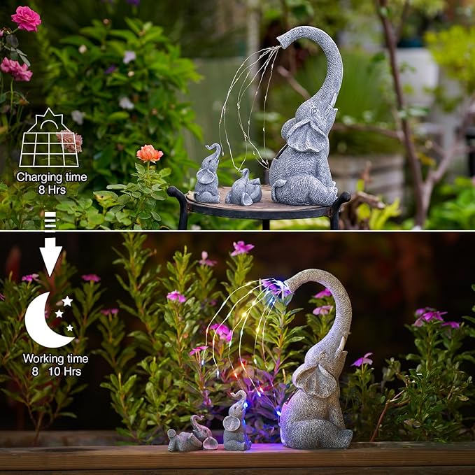 Goodeco Garden Elephant Statue Outdoor - Elephant Gifts with Solar Watering Lights, Siting Elephant Figurine Perfect for Yard, Patio, and Pathway Decor - Ideal Gardening Gifts