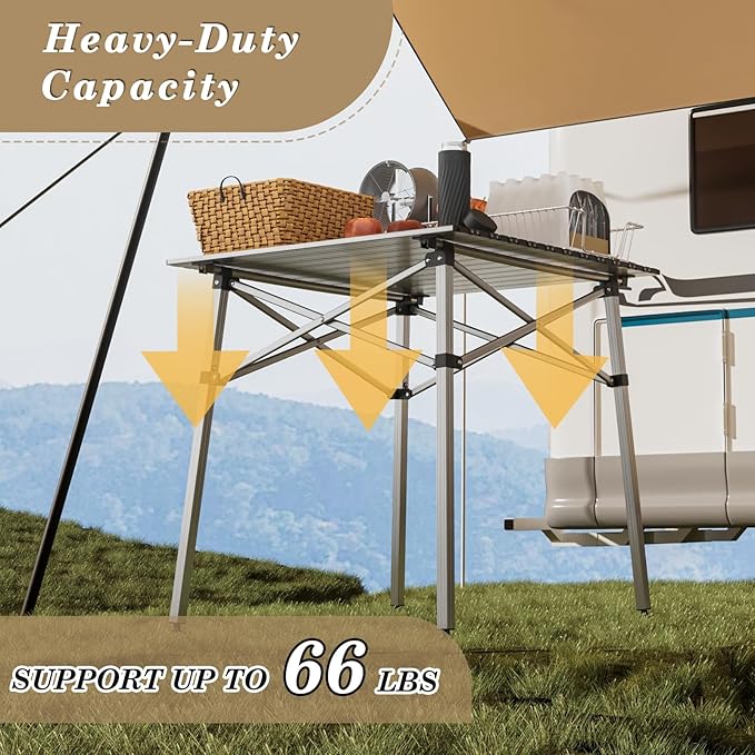 Athena Collection Foldable Camping Table, 28" Small Aluminum Outdoor Folding Camp Table with Roll Up Tabletop and Carry Bag, Lightweight and Portable for Outdoor Camping Picnic Grilling, Silver
