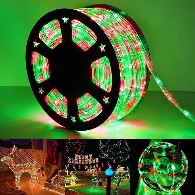 50ft LED Rope Lights Outdoor, 360 LED Connectable and Flexible Tube Lights with 8 Modes, Waterproof LED Rope Lighting for Garden Patio Pool Bedroom PartyIndoor Outdoor Christmas Decor (Red & Green)