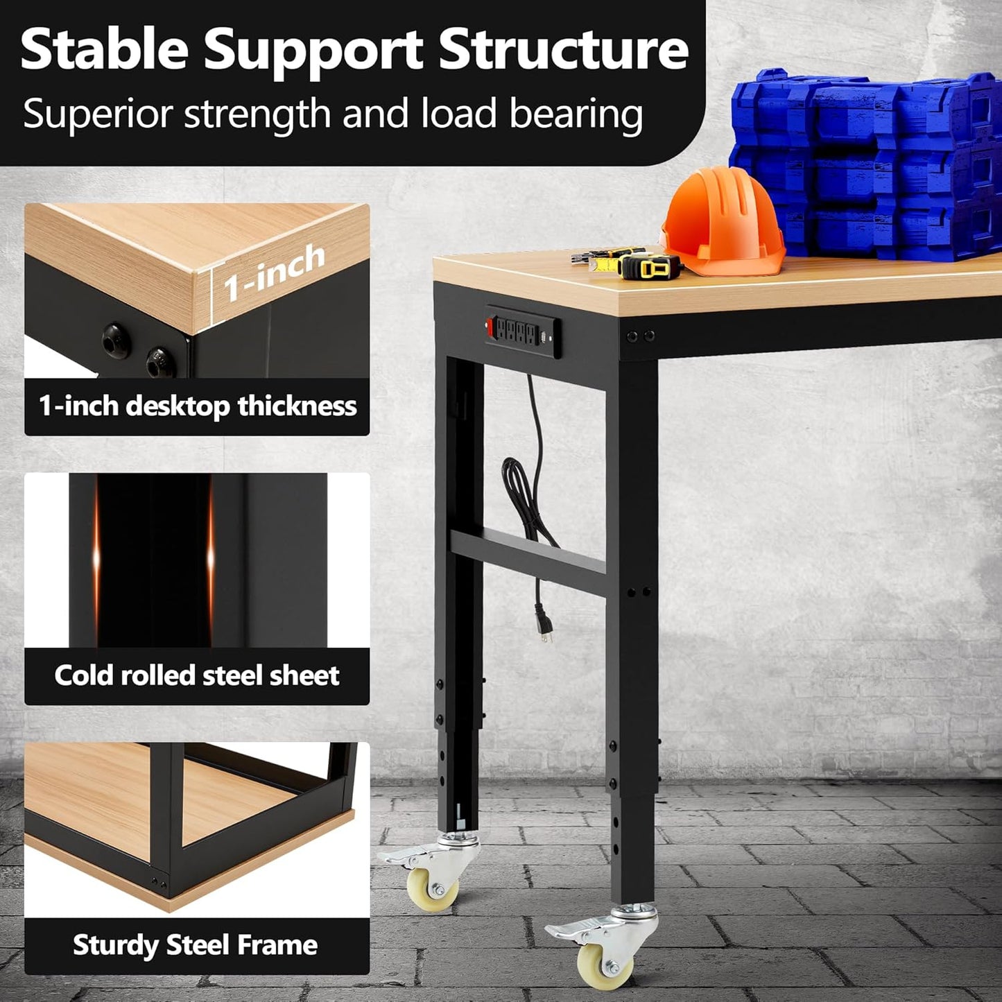 60” Adjustable Workbench，Heavy Duty Wood Work Bench 2000 Lbs Load Capacity,Work Table with Power Outlet and Wheels for Garage, Workshop, Office, Home
