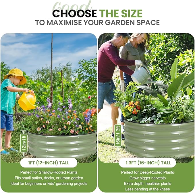 G GOOD GAIN Round Raised Garden Bed - 1Pcs 3x3x1.4ft Galvanized Steel Planter Boxes Outdoor with Rubber Edge Trim | Metal Raised Beds for Gardening Vegetables Flowers Fruits Herbs (Olive Green)