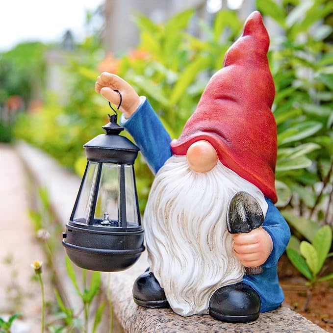 Garden Gnome Outdoor Decoration with Shovel Solar Gnomes Statue with Lantern LED Lights,Terrace Courtyard Lawn Patio Porch Decoration Christmas Housewarming Gift for Woman Mom