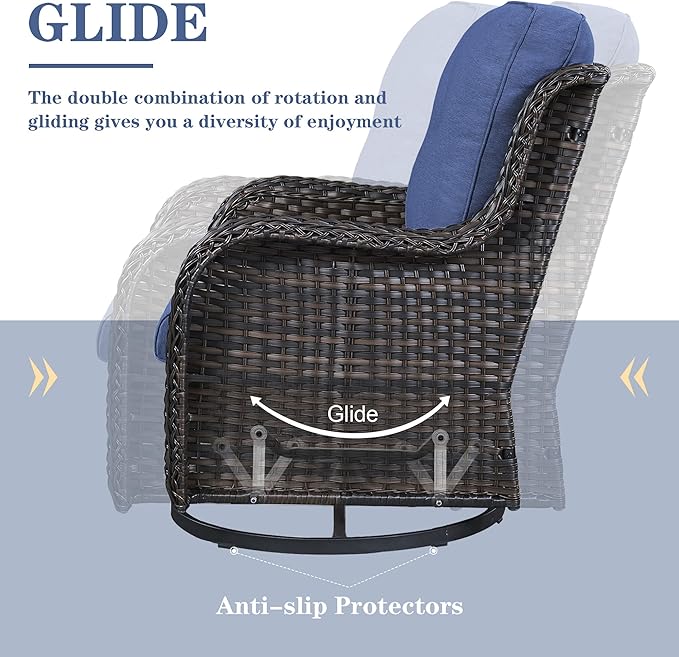 5 Pieces Patio Wicker Furniture Set - 4 Outdoor Swivel Rocker Glider Chairs with Propane Fire Pit Table, Warm Patio Conversation Set Blue Cushion Perfect for Casual Gathering