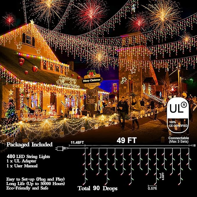 480 LED 49FT Christmas Lights Plug in 8 Modes with Timer Dimmable Christmas Decorations Outdoor Waterproof Indoor Curtain String Lights for Roof Porch Garden Holiday Wedding Party Decor Red + Green
