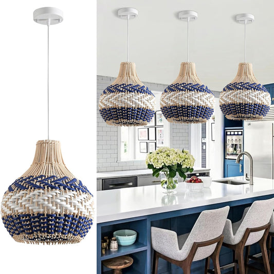3-Pack Rattan Pendant Light Fixture 10.24" Blue White Hand-Woven Basket Fax Rattan Chandelier Boho Mini Wicker Hanging Lamp for Dining Living Bedroom Kitchen Farmhouse