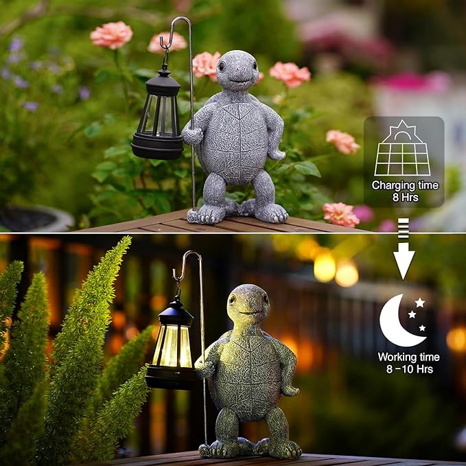 Garden Turtle Statue with Solar Lantern - Outdoor Garden Decor for Outside Yard Patio Balcony Lawn Decor - Unique Gardening Gifts for Mom Grandma