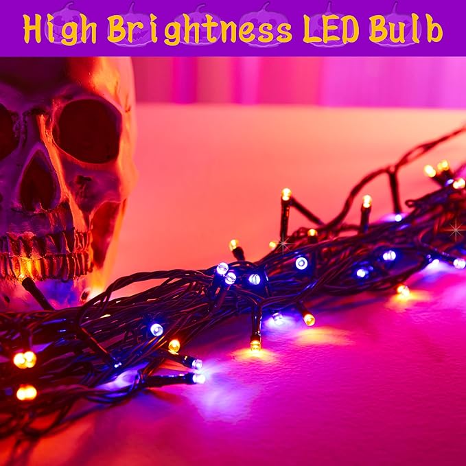 Halloween 300 LED String Lights,105FT String Lights with 8 Modes&Timer Function, Purple and Orange Halloween Lights Plug in for Party Carnival Supplies, Outdoor/Indoor Yard Garden Decor