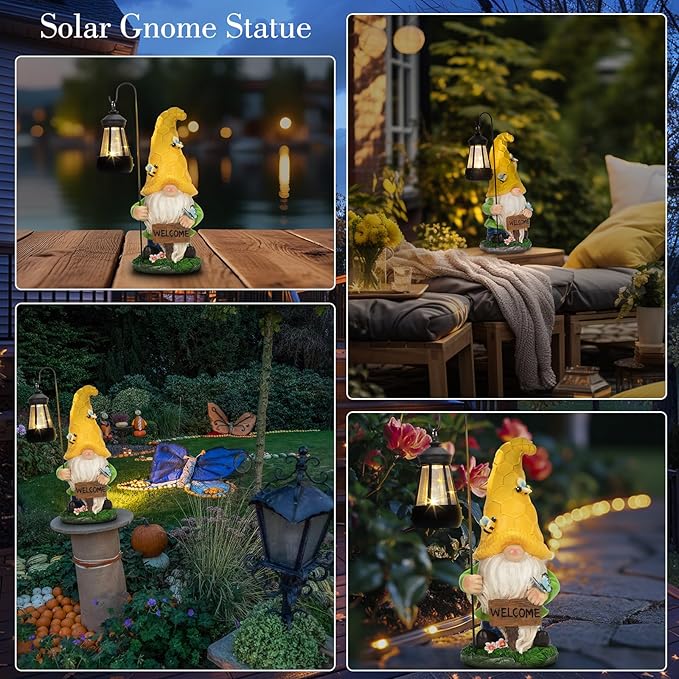 12.6'' Solar Garden Gnomes Outdoor Statues with Lantern, Welcome Gnome Garden Outdoor Decor Gift Waterproof Decoration for Patio, Balcony, Yard Ornament - Unique Housewarming Gifts