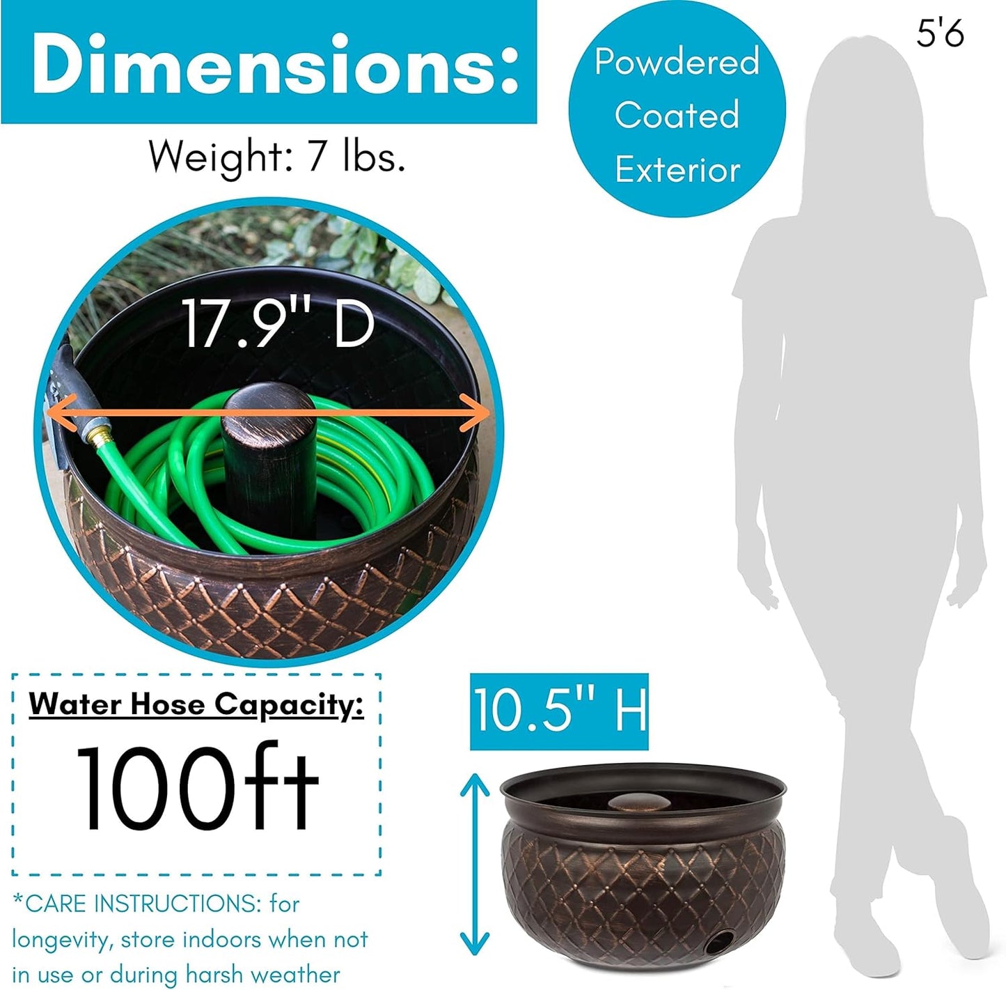 BIRDROCK HOME Water Hose Holder - Decorative Metal Pot, Indoor or Outdoor, Garden Storage Organizer, Patio Portable Bucket - Embossed Steel w/ Copper Accents, Holds up to 100ft Hoses, Medium No Lid