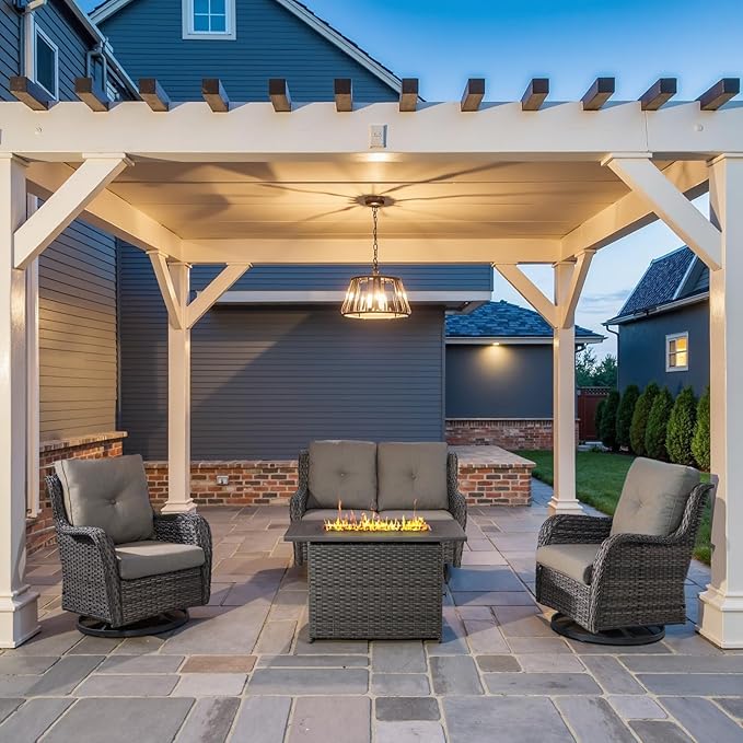 4 Piece Patio Furniture Set with Fire Pit Table - 41inch 50000 BTU Propane Fire Pit Table with High Back Loveseat Glider Chair and 2 Swivel Rocker Chair for Casual Gathering