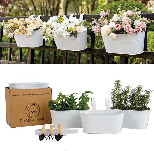 5 Pack Metal Hanging Flower Pots for Railing Fence，Outdoor Balcony Rail Planter with Garden Tools Detachable Hooks Drainage Holes for Deck Garden Home Decor White
