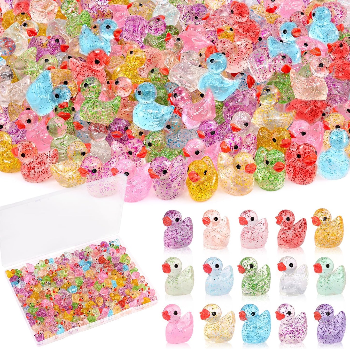 200PCS Mini Resin Animals Cute Colorful Glitter Tiny Ducks, Miniature Figures to Hide, Little Animal Accessories Bulk for Topper Garden Dollhouse Landscape Aquarium Ornaments DIY Crafts & Decor
