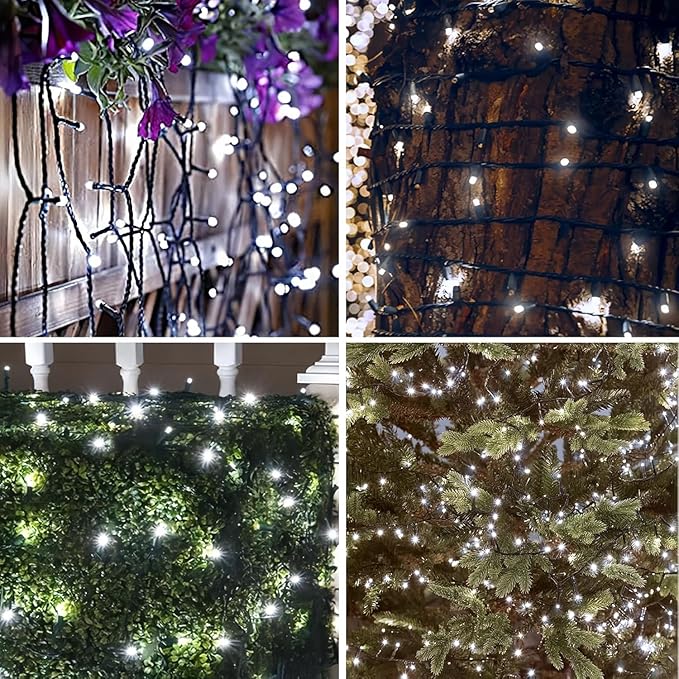 6 Pack 600 LED Solar String Lights for Outside, Solar Christmas Lights Outdoor Waterproof, Green Wire Twinkle Light with 8 Lighting Modes for Xmas Tree Wedding Party Garden Decorations (Cool White)