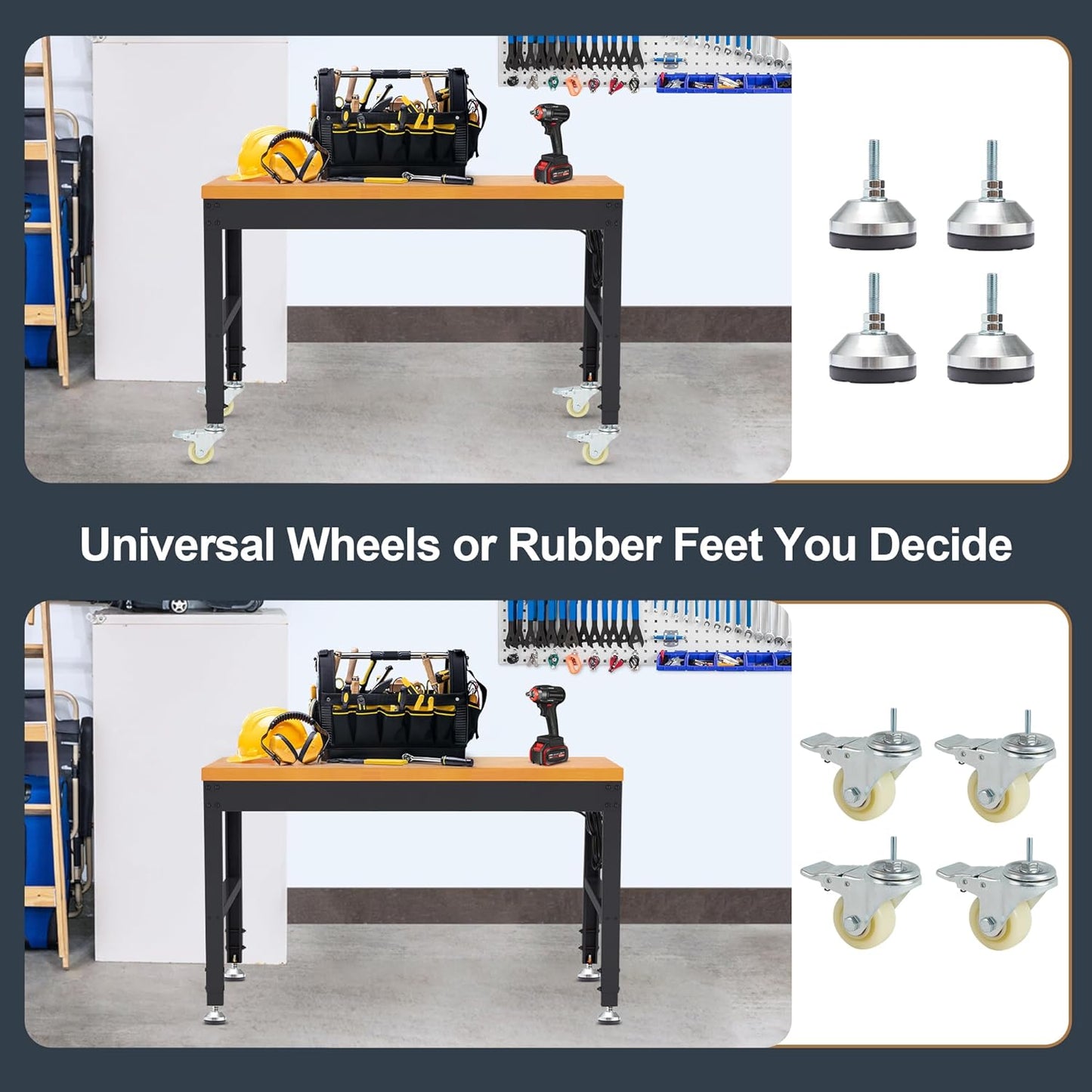 HABUTWAY Height Adjustable Workbench with Wheels 48" x 24" 2000 Lbs Capacity Solid Wood Work Station Heavy-Duty Rolling Work Tables for Garage Party Shop Office