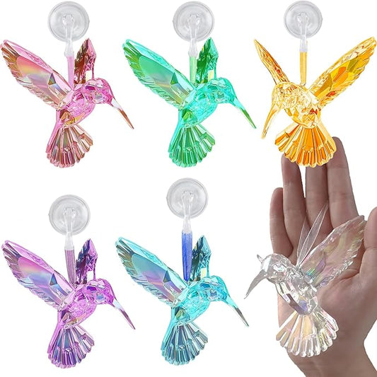 6 Pcs in 6 Colors Set Shiny Iridescent Hummingbird Hanging Ornaments with Suction Cup, Clear Acrylic Crystal Art Hummingbird Figurines Pendants Decorations for Christmas Xmas Tree.