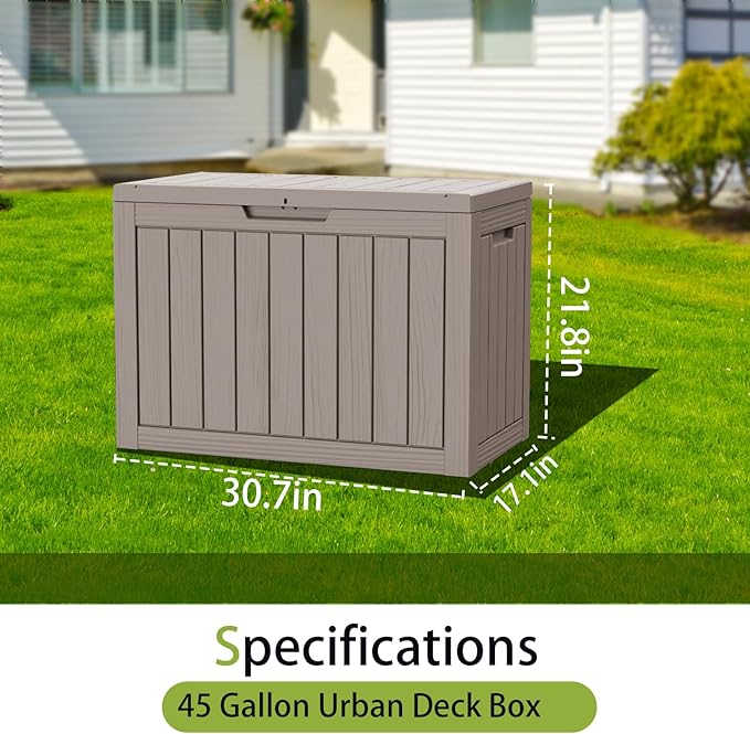 45 Gallon Outdoor Storage Box Waterproof Lockable Resin Deck Box Large, Patio Storage Bin for Pool Accessories Cushion Furniture, Garden Tools, UV-Resistant Outside Delivery Light Coffee