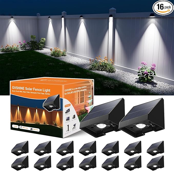 16 Pack Decorative Solar Powered Fence Lights Outdoor Waterproof with Cool White LED Spot Lens, for Outside Wall, Deck, Patio, Yard, Rail, Garage, Pool, Designed for Enhanced Security, Easy Install