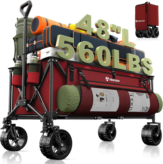 300L Extra Large Wagons Carts Foldable, 560LBS Heavy Duty Collapsible Beach Wagon 48" Long with Big All-Terrain Wheels, Utility Folding Cart for Camping, Grocery, Sports, Garden, Red