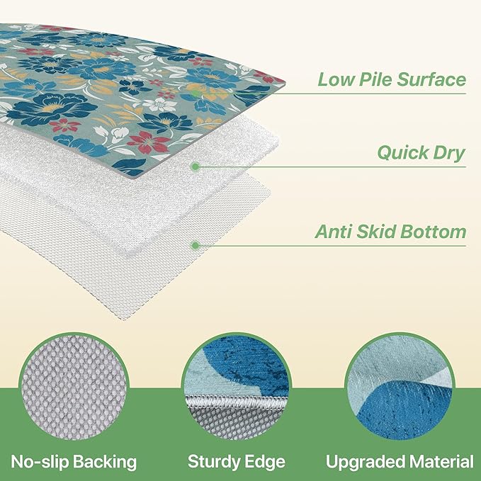 GENIMO Indoor Outdoor Area Rug 6' X 9' Waterproof, Washable Patio Rug Non Shedding, Easy Cleaning Floral Outdoor Carpet for Living Room, Bedroom, Dining Room, Balcony, Backyard, Deck, RV, Blue Grey