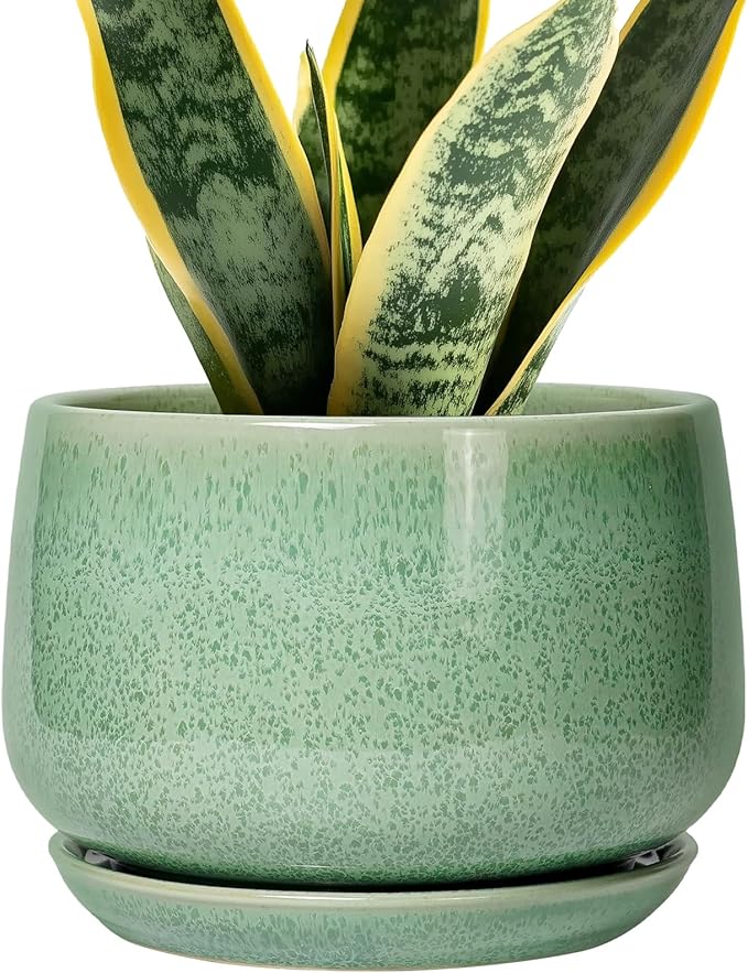 G EPGardening Ceramic Plant Pot - 7 Inch Ceramic Planter for Indoor Outdoor Plants, Flower Pot with Drainage Hole and Tray, Modern Round Planter, Plants Lovers Gifts, Home Garden Decor, Green