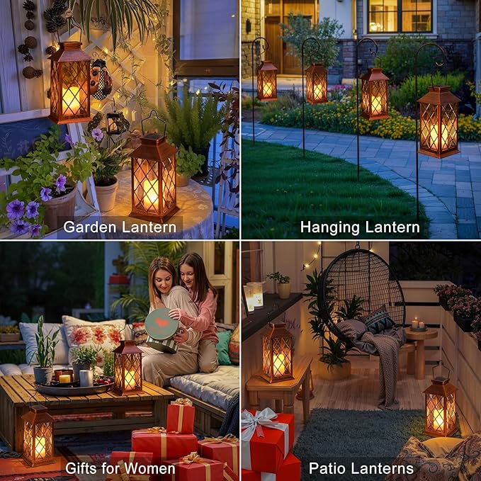 2Pack 11" Outdoor Solar Lanterns Waterproof Garden Gifts Women, Flickering Flameless Candle Mission Lights for Patio, Table ,Outdoor, Party, Yard,Lawn,Mothers' Day Gifts for Mom (Antique Copper)