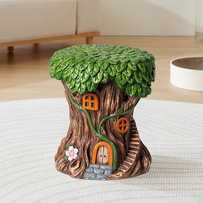 13''H Fairy House Statue Outdoor Statues Garden Resin Stool Over-Sized Sculpture Forest Pedestal Spring Decor for Home Courtyard Lawn Patio Summer Ornament Indoor Stool