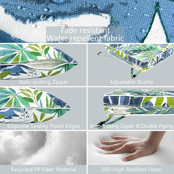 LVTXIII Outdoor Deep Seat Cushion Patio Seat and Back Cushion Set Seasonal Chair Cushion with Removable Cover and Adjustable Buckle for Home and Garden, 24"x24"x4", Islamorada Blue Green