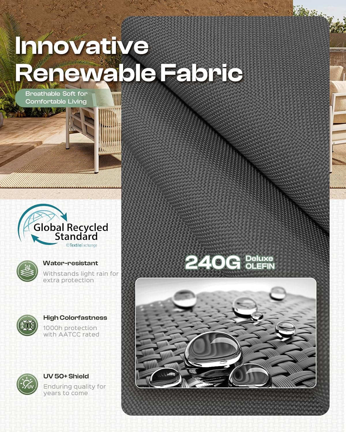 Aluminum Outdoor Patio Couch, 3 Seats HDPE Rope Patio Sofa with Washable Thick Cushion, All-Weather Patio Furniture for Balcony, Yard, Gray Frame, Charcoal