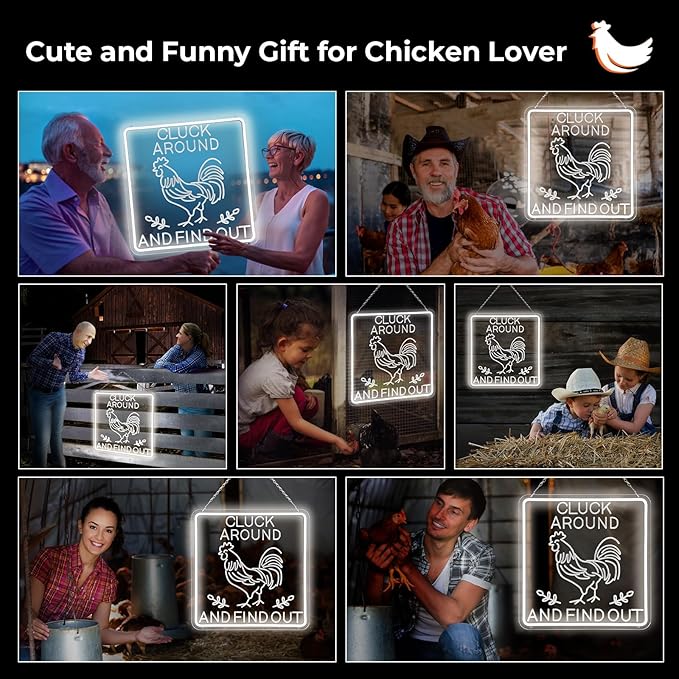 Funny Rooster Decor 16 X 16 Inch Large,Rooster Kitchen Decor Kitchen Sign Dimmable Neon Sign for Farmhouse,Rooster Gifts,Chicken Coop,Garden,Farm House Decoration