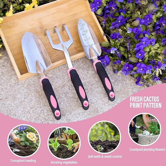 Garden Tool Set SOYUS Heavy Duty 3 Piece Gardening Hand Tools Aluminum Garden Shovel for Planting Hand Trowel Cultivator Rake with Ergonomic Non-Slip Rubber Grip Pink Gardening Gifts for Women