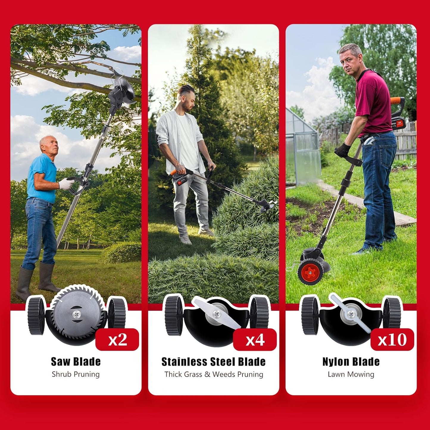 3 in 1 iToolMax Cordless Grass Trimmer, Electric Weed Wacker Cordless, Weed Eater Battery Powered with Two 21V/1500mAh Batteries, Brush Cutter & Grass Trimmer & Lawn Edger with 3 Types of Blades