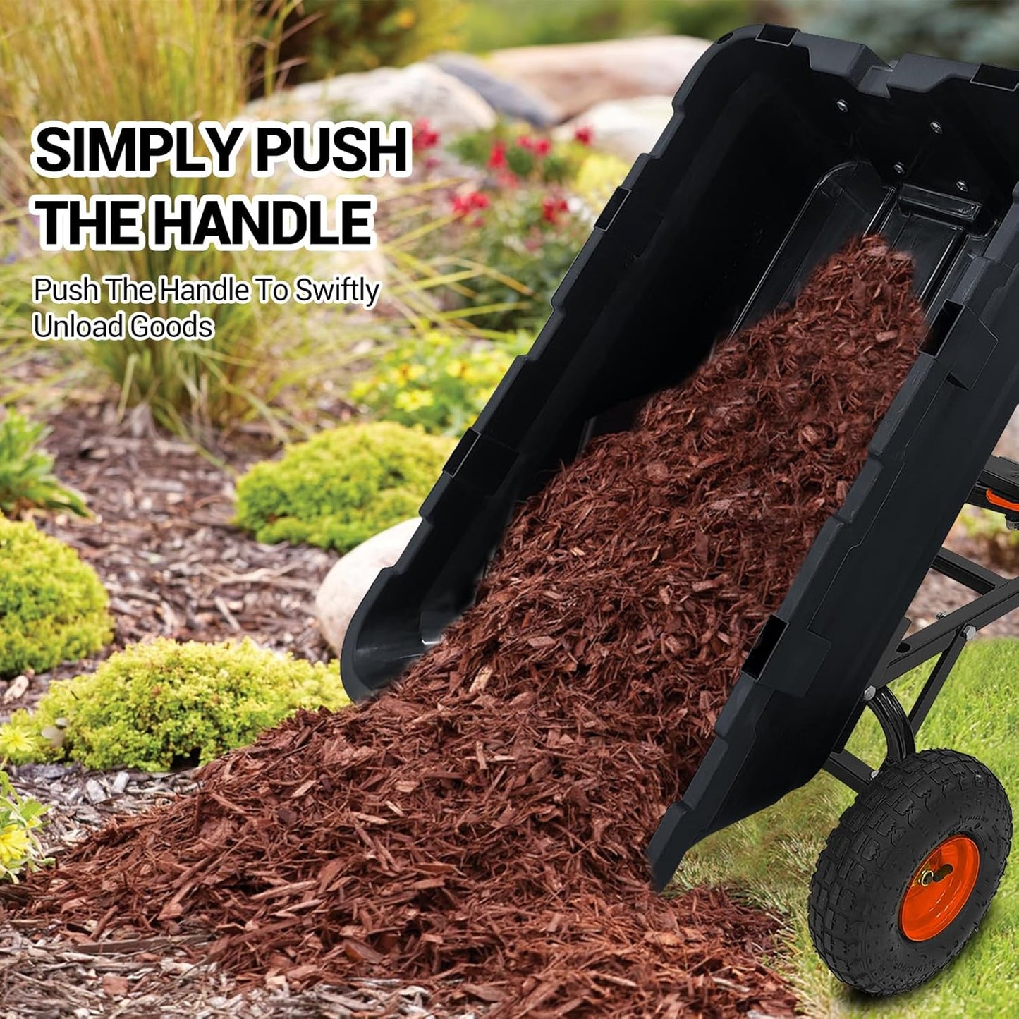 800 lbs Poly Garden Dump Cart, Heavy-Duty Wheelbarrow with 10-Inch Tires, 180° Rotating Handle, Steel Frame and Quick Release System Garden Dump Cart for Soil Plants Gardening Tools Wood