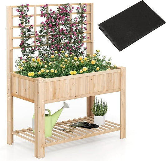 Giantex Raised Garden Bed with Trellis, Wooden Elevated Planter Box with Legs, Drainage Holes for Climbing Plants Vines Vegetables Flowers Herbs, Outdoor Horticulture Planter for Patio Yard
