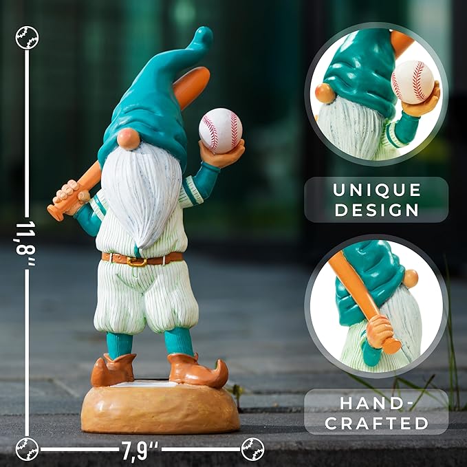Baseball Garden Gnome with Solar Light Ball, Funny Gnomes 11.8" for Yard Decorations Outdoor, Garden Statues Outdoor Clearance, Solar Garden Statues