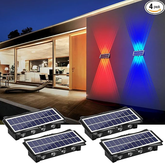 8LED Multi-Color Solar Wall Lights, Up and Down Lighting Solar Outdoor Light Waterproof IP65, Solar Fence Light for Yard Deck Garden Garage Walkway Porch Christmas Decorations (4 Pack)