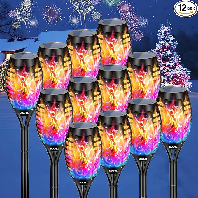 12 Pack Solar Torch Lights Outdoor Waterproof - Multicolor Flickering Flame, Outdoor Solar Garden Lights for Yard, Tiki Torches for Outside Patio Pathway Decorations