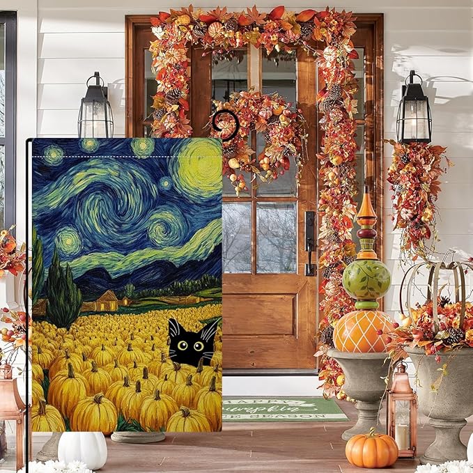 BLKWHT Fall Pumpkin Cat Garden Flag 12x18 Vertical Double Sided Blue Sky Autumn Thanksgiving Holiday Outside Decorations Burlap Yard Flag BW825