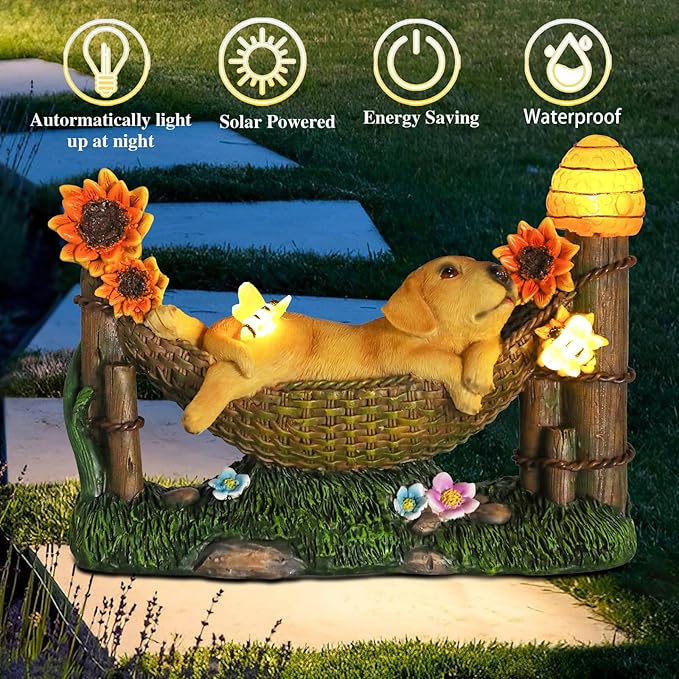 Afirst Solar Garden Outdoor Dog Statues Resin Figurine with Solar Lights Statue Decorations for Lawn, Patio, Balcony, Yard Ornament Mother's Day Gifts,Golden Retriever