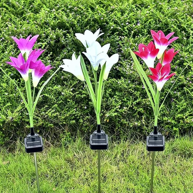 ANGMLN 6 Pack Solar Flowers Lights,24 Bigger Head Solar Lily Flowers, 7 Color Changing Pathway Lamps for Garden Patio Yard Party Wedding Holiday Outdoor Garden Stake Decoration (Purple2&White2&Pink2)