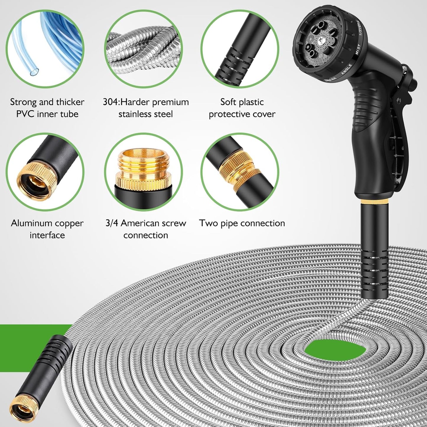 Garden Hose Metal 200FT, Stainless Steel Heavy Duty Water Hose With 10 Function Nozzle, No-Kink, Tough & Flexible, Sturdy and Lightweight, Rust Proof for Yard, Outdoor, RV