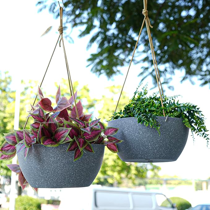 13 Inch 2 Pack Large Hanging Planters for Indoor Outdoor Plants, Plastic Hanging Basket Pots for House Plants Flowers, Grey