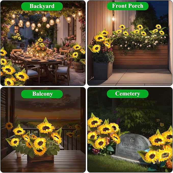 4-Pack Solar Powered Sunflower Garden Lights, LED Outdoor Decor Solar Light Flowers for Yard Patio Ground Lawn Landscape, Decorative Artificial Flower Bright Night Outside