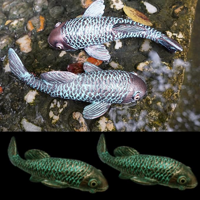 Garden Sculptures & Statues,Koi Fish Decor,Garden Fish Art,Set of 2 Antique Koi Fish Yard Art Decor for Outdoors,Patio,Yard,Lawn,Pond,Home Decoration (Bronz)